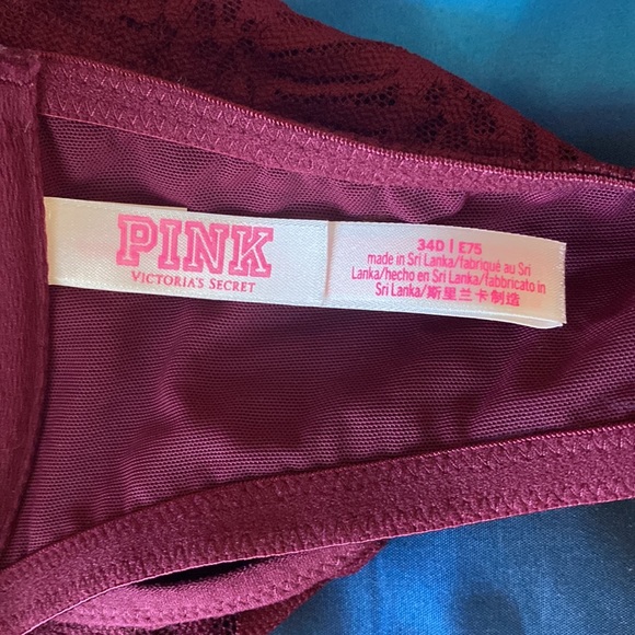 Burgundy lace Pink VS lace t-back bra, front close - Picture 4 of 4